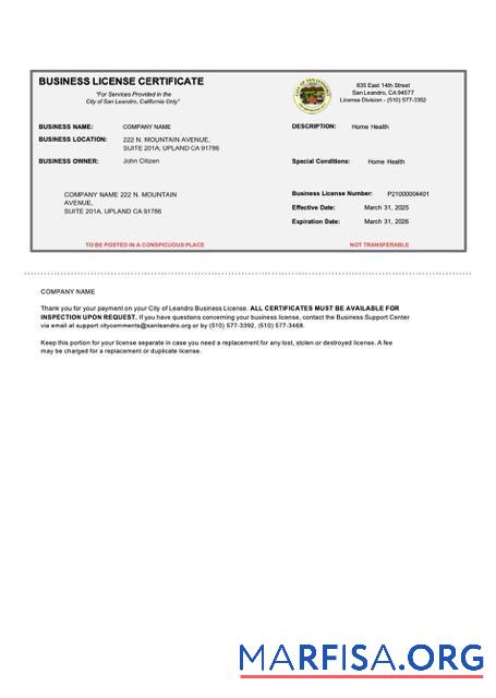 Realistic USA California business license certificate Word and PDF template